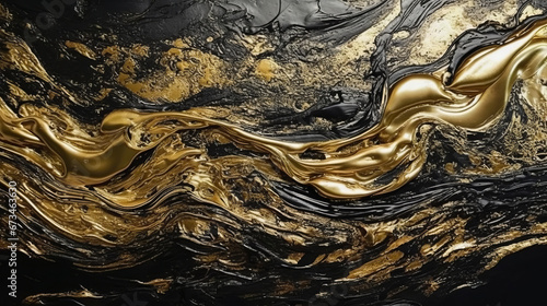 Abstract gold black acrylic painted fluted 3d painting texture luxury background banner on canvas - Golden waves swirls. Decor concept. Wallpaper concept. Art concept. 3d concept.  © IC Production