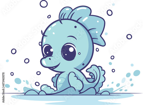 Cute cartoon blue sea monster. Vector illustration on white background.