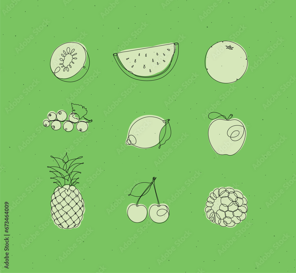 Fruits icons kiwi, watermelon, orange, currant, lemon, apple, pineapple, cherry, raspberries drawing in linear style on green background