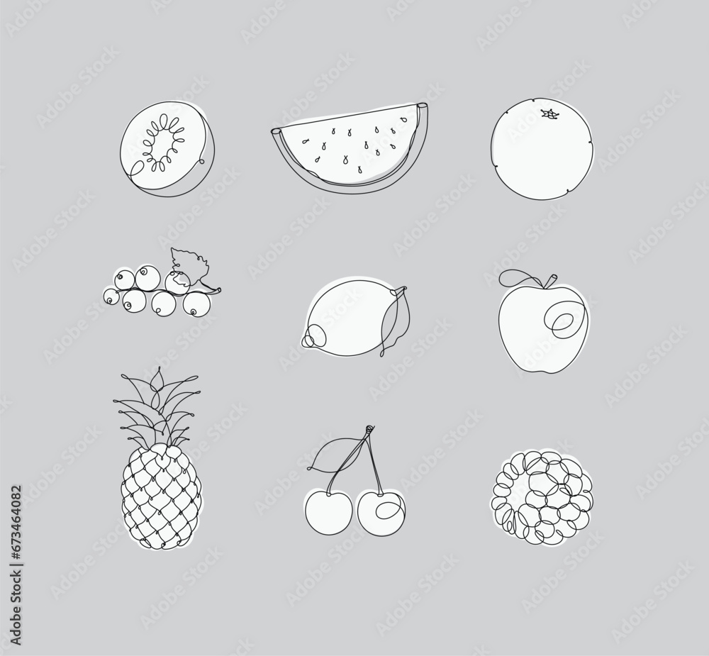 Fruits icons kiwi, watermelon, orange, currant, lemon, apple, pineapple, cherry, raspberries drawing in linear style on grey background
