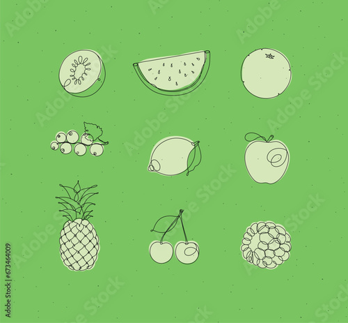 Obraz na płótnie Fruits icons kiwi, watermelon, orange, currant, lemon, apple, pineapple, cherry, raspberries drawing in linear style on green background w salonie