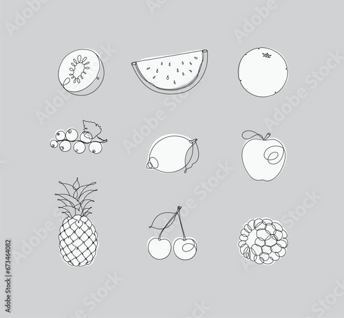 Obraz na płótnie Fruits icons kiwi, watermelon, orange, currant, lemon, apple, pineapple, cherry, raspberries drawing in linear style on grey background w salonie
