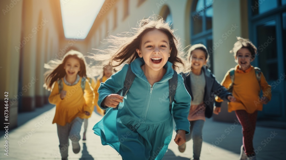 Naklejka premium Group of elementary school kids running in a school corridor