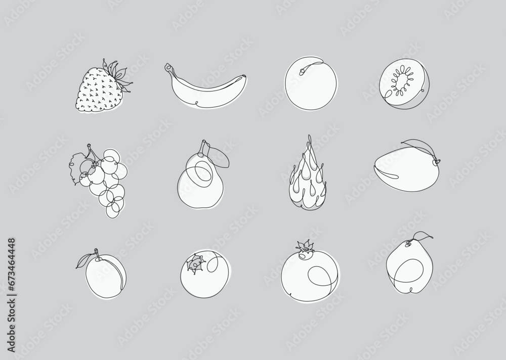 Fruits icons strawberry, banana, apricot, kiwi, grapes, pear, dragon fruit, mango, peach, blueberry, pomegranate, quince drawing in linear style on grey background