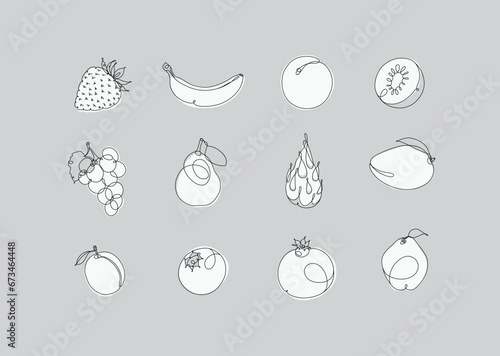 Obraz na płótnie Fruits icons strawberry, banana, apricot, kiwi, grapes, pear, dragon fruit, mango, peach, blueberry, pomegranate, quince drawing in linear style on grey background w salonie