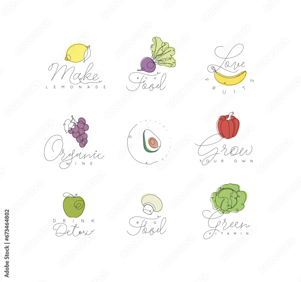 Label vegetables and fruits lemon, beet, banana, grapes, avocado, pepper, apple, champignons, cabbage with text drawing with color in linear style on white background