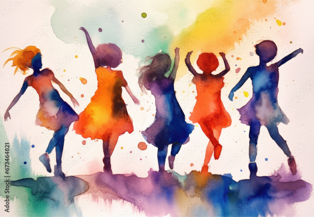 Girls hold hands a dance and run together, in a beautiful watercolour style painting — isolated on a white background, in rich lush color. Minimalist watercolour. - obrazy, fototapety, plakaty 