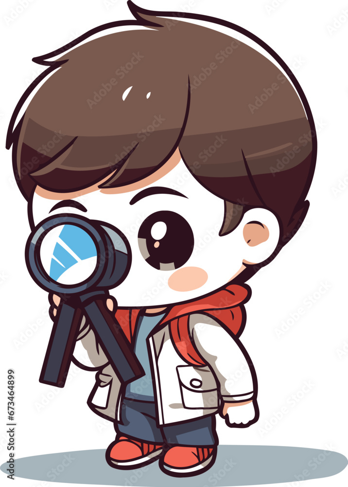 Cute boy holding a magnifying glass cartoon character vector illustration.