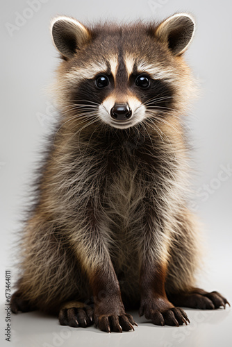 close up of a raccoon isolated on grey