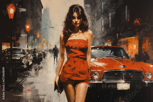 Portrait of a beautiful fashionable woman with a hairstyle, in red dress, on a city street, vintage car, in the evening. Streetlights reflected from wet road.