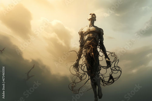 a man rises up to the sky, breaking away from chains, dark dramatic background photo