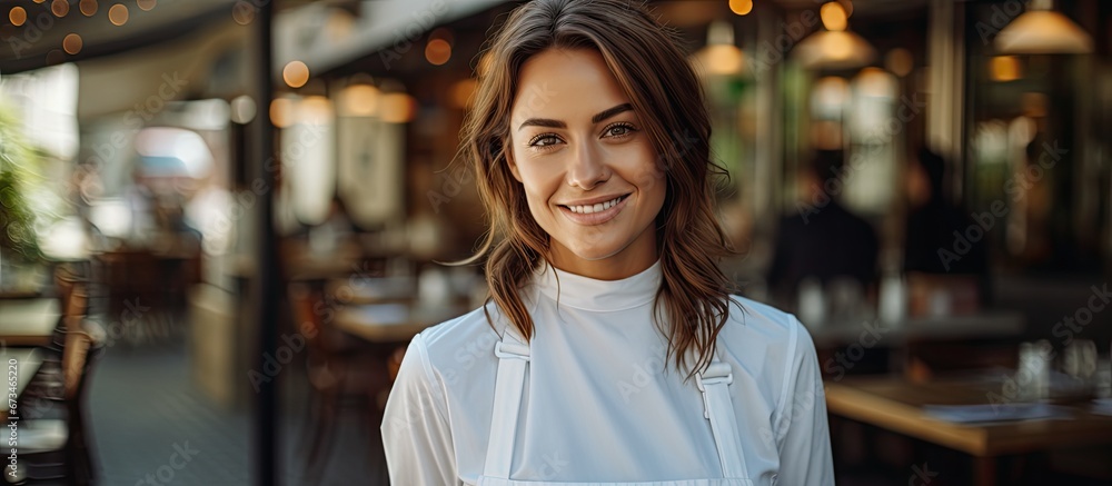 A smiling woman wearing a white blouse happily crosses her arms while standing on a blurred background of a restaurant terrace during her break from remote work