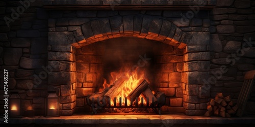 Illustration of a fireplace with a fire burning.
