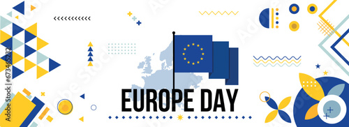 Europe national or independence day banner design for European celebration. Flag and map of Europe Union with modern retro design and abstract geometric icons. Vector illustration
