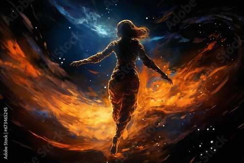 levitation of a woman in outer space, light effects, stars and galaxy