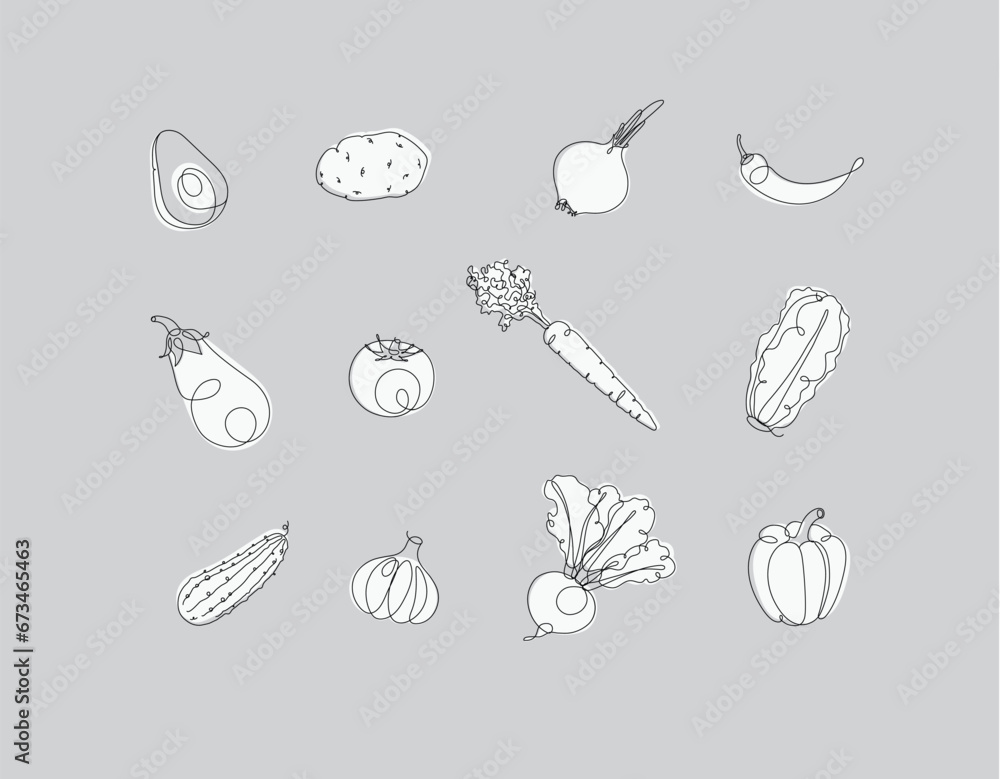 Vegetables icons avocado, potato, onion, chili, eggplant, tomato, carrot, lettuce, cucumber, garlic, beet, pepper drawing in linear style on grey background