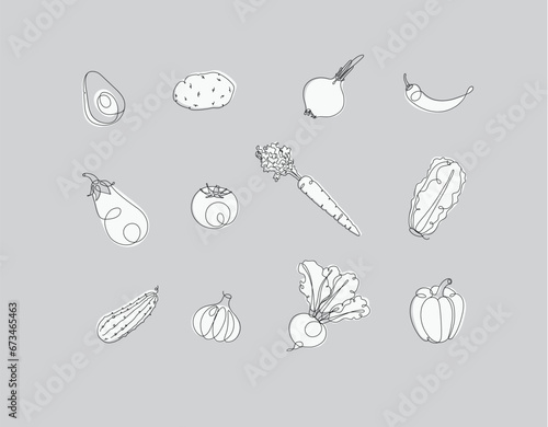 Obraz na płótnie Vegetables icons avocado, potato, onion, chili, eggplant, tomato, carrot, lettuce, cucumber, garlic, beet, pepper drawing in linear style on grey background w salonie