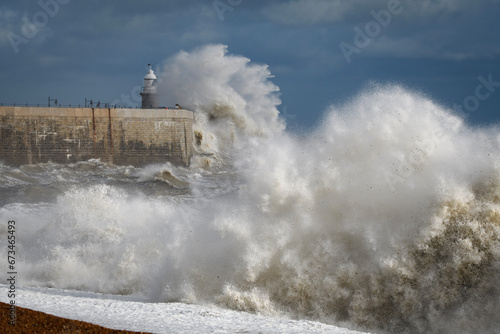 Storm Ciaran White Sea Lion. November 2nd 2023 Storm Ciaran batters Folkestone and the large waves form a Lions face in the waves photo