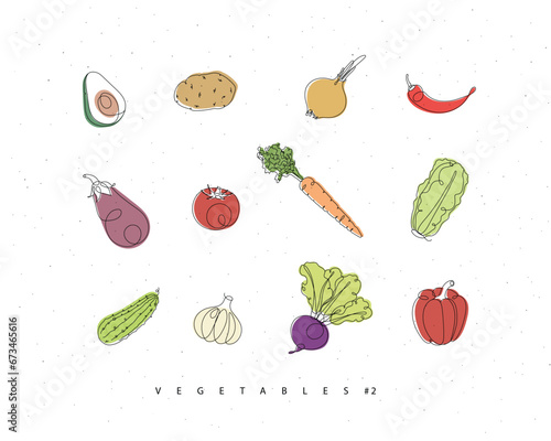Obraz na płótnie Vegetables icons avocado, potato, onion, chili, eggplant, tomato, carrot, lettuce, cucumber, garlic, beet, pepper drawing with color in linear style on white background w salonie