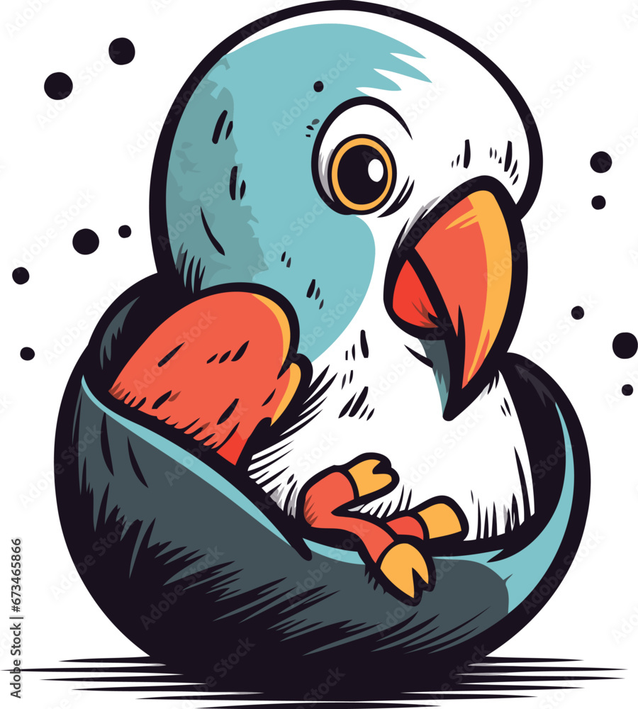 Obraz premium Cute cartoon parrot sitting in a nest. Vector illustration.
