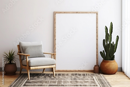 Plakat Vertical empty large frame for wall art mockup. Modern boho room with minimalist chair and houseplant.