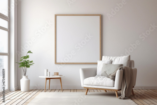 Vertical empty large frame for wall art mockup. Modern scandinavian living room with white chair and houseplant.
