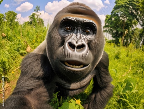 A close-up of a gorilla's face looking into the camera. An animal in a natural environment. Natural background. Illustration for cover, postcard, interior design, banner, brochure, etc. © Login