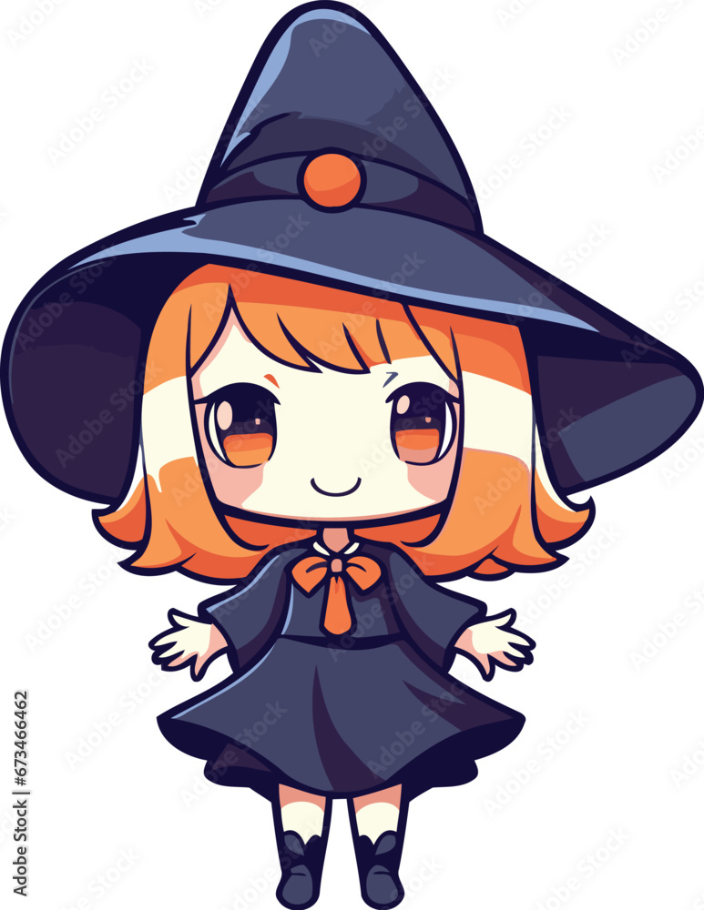 Cute cartoon witch girl in black hat and cloak. Vector illustration.