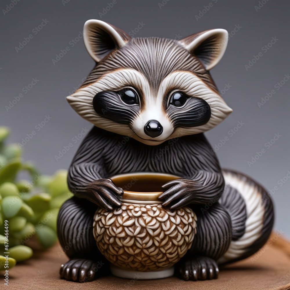 Obraz premium Japanese Ceramic Raccoon Figurine: Charming Collectible