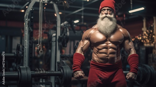 Close-up portrait of Santa Claus. Muscular bodybuilder in Santa suit with white fluffy beard shows off his muscles. Illustration for cover, card, postcard, interior design, banner, poster, brochure. © Login