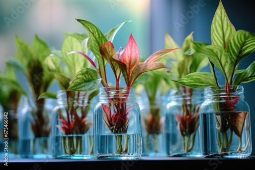 Caring for Aglaonema cuttings in glass vases filled with water, each exhibiting robust root growth, underscoring the ease and elegance of propagating these indoor home plants. photo
