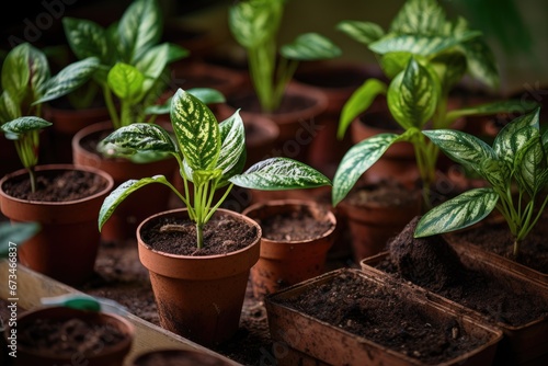 The potting of Aglaonema seedlings into decorative pots, with the freshly planted seedlings surrounded by potting soil and gardening tools, care and attention given to these home plants. photo