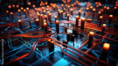 An abstract dynamic image of circuits and wires merging and diverging, with vibrant, illuminated paths, representing the flow of data and information in the digital age.