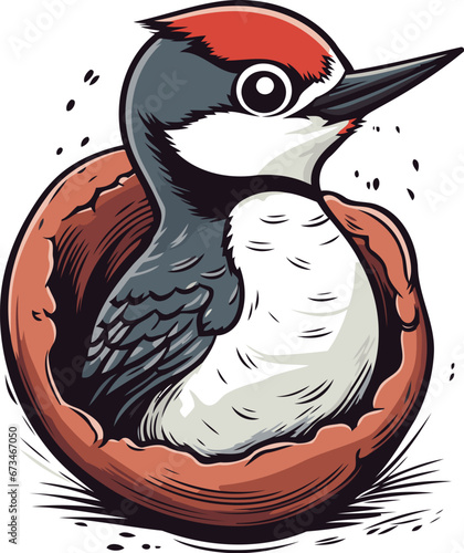 Woodpecker in a clay bowl. Hand drawn vector illustration.