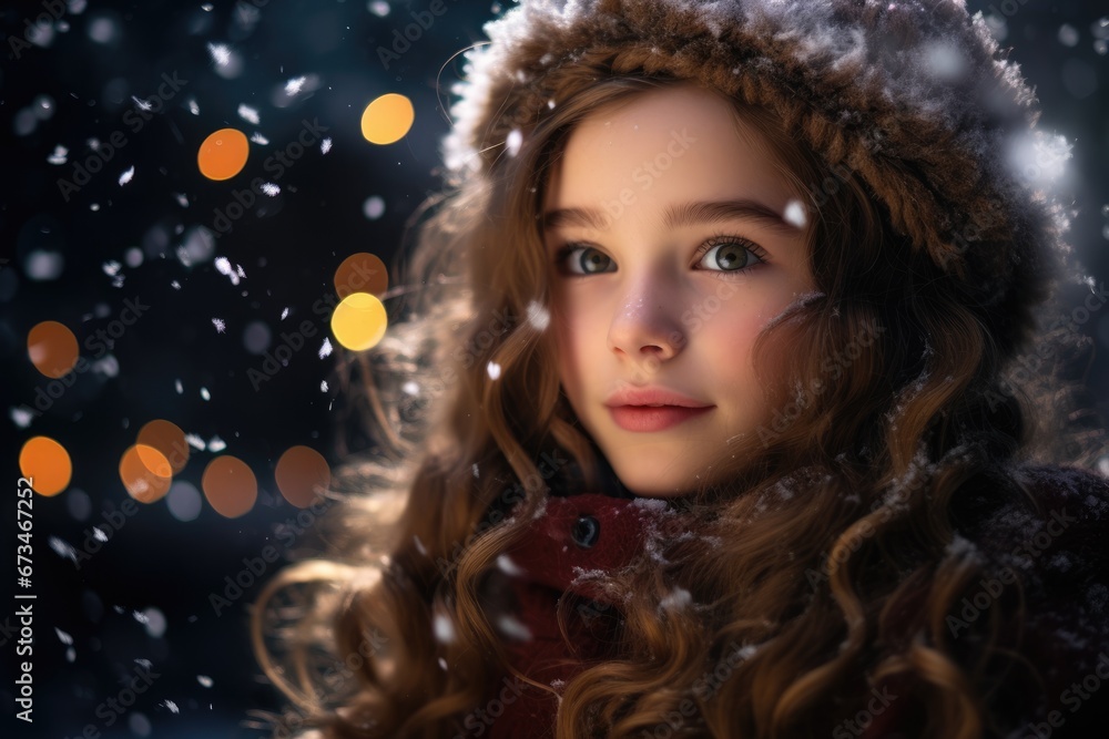 A young girl with twinkling fairy lights in her hair, surrounded by falling snowflakes, emanating a sense of wonder and magic during the winter holiday.