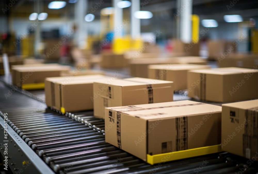 cardboard boxes sitting on a conveyor line at a production facility, cardboard boxes sitting on a conveyor line at a production facility,