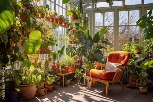 A a sunny living room terrace filled with an array of potted houseplants, creating a vibrant and refreshing indoor garden, celebrating the vitality and health benefits of indoor greenery.