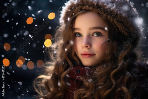 A young girl with twinkling fairy lights in her hair, surrounded by falling snowflakes, emanating a sense of wonder and magic during the winter holiday.