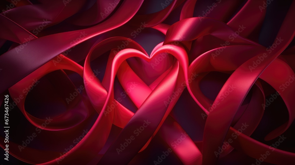 Fototapeta premium An abstract composition featuring intertwined ribbons of various shades of red and pink, forming heart shapes, representing the depth of love and connection on Valentine's Day.