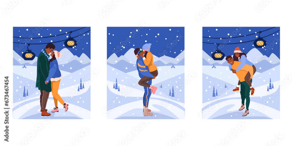 Naklejka premium Beautiful romantic couples in winter clothes, hugging and kissing. Ski resort romantic activities. A set of romantic Christmas postcards. 