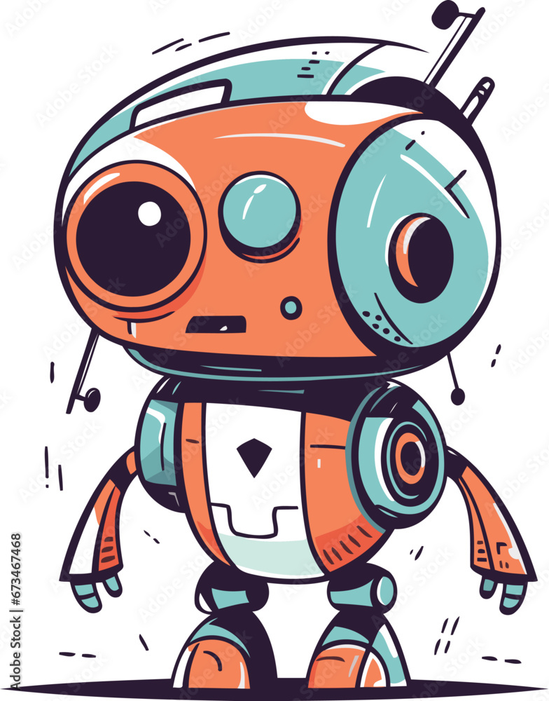 Cute cartoon robot with headphones. Vector illustration of a funny robot.
