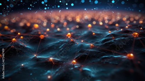 Representation of interconnected nodes and lines in a 3D wireframe, signifying the evolution and expansion of modern technology networks.