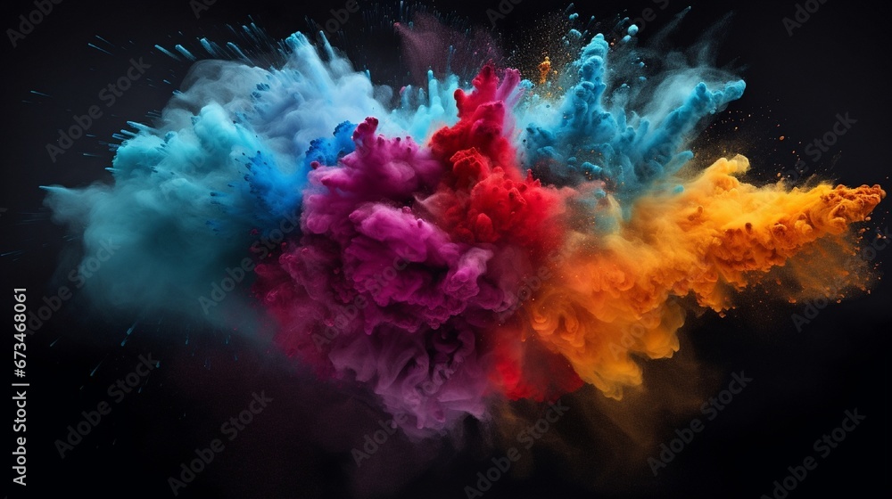 Explosion of multicolored powder on black background, minimalist, freeze frame of the movement in 3d illustration