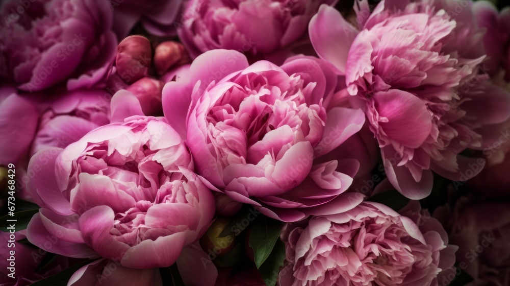 Beautiful pink peonies as background, closeup view. Decor concept. Wallpaper concept. Art concept. 3d concept. Flower concept. Florist concept.