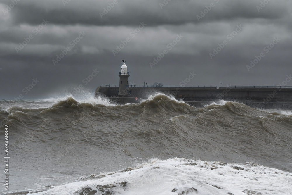 Storm Ciaran and large waves heading towards the Harbour at Folkestone on November 2nd 2023