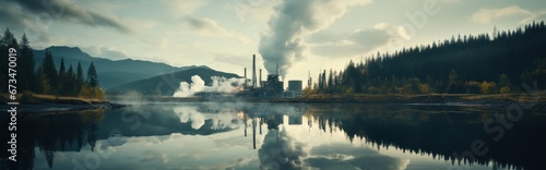 industrial plant with smoke and reflection in pond