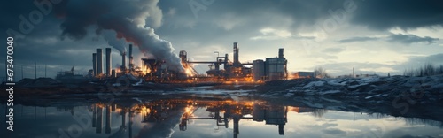 industrial plant with smoke and reflection in pond