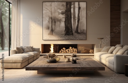 living room, oversized coffee table, fireplace and artworks