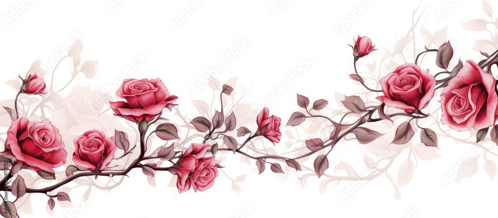 Hand drawn depiction of an uninterrupted border filled with climbing roses and small branches