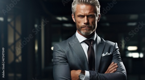 man with business suit shirt and tie with the arms crossed